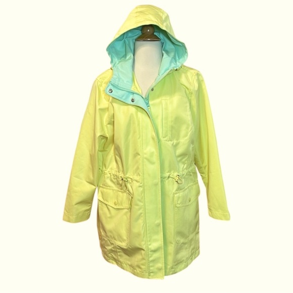 Talbots Hooded Canvas Yellow & Mint Green Anorak Rain Coat Jacket, size XLP - Picture 2 of 15
